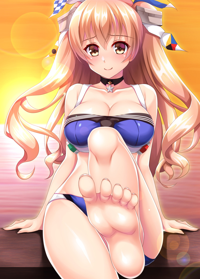 absurdres bad_id bad_pixiv_id bare_arms bare_legs bare_shoulders barefoot bikini blonde_hair blue_bikini blush breasts brown_eyes choker cleavage closed_mouth collarbone curly_hair feet female foot_focus foot_up foreshortening hair_between_eyes highres johnston_(kancolle) johnston_kai_(swimsuit_mode)_(kancolle) kantai_collection large_breasts leg_lift leg_up lens_flare long_hair ocean orange_sky ruin_re_birth sitting sky smile soles solo spread_toes sunset swimsuit toes two_side_up water