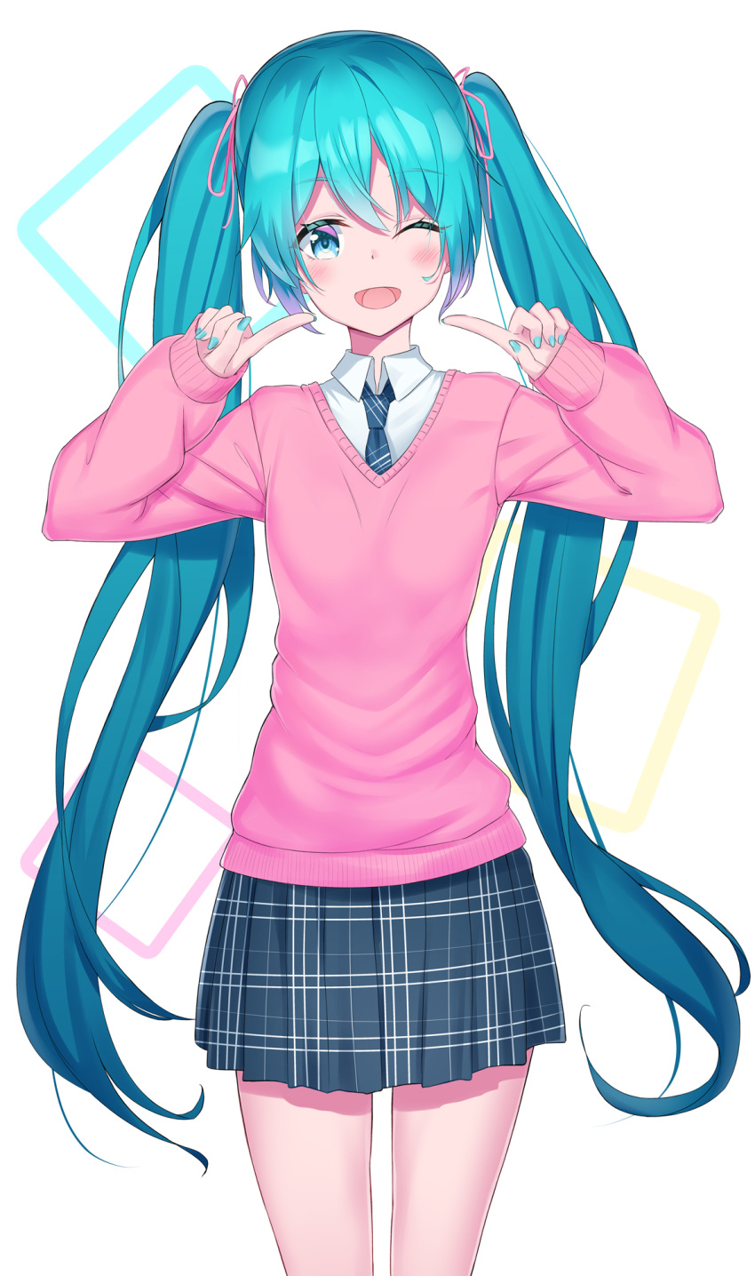 aqua_nails bib_(bibboss39) blush commentary cowboy_shot female hair_tie hands_up hatsune_miku highres index_fingers_raised long_hair looking_at_viewer miniskirt nail_polish necktie one_eye_closed open_mouth pink_sweater plaid plaid_neckwear plaid_skirt pointing pointing_at_self school_uniform shirt skirt smile standing sweater twintails very_long_hair vocaloid white_shirt