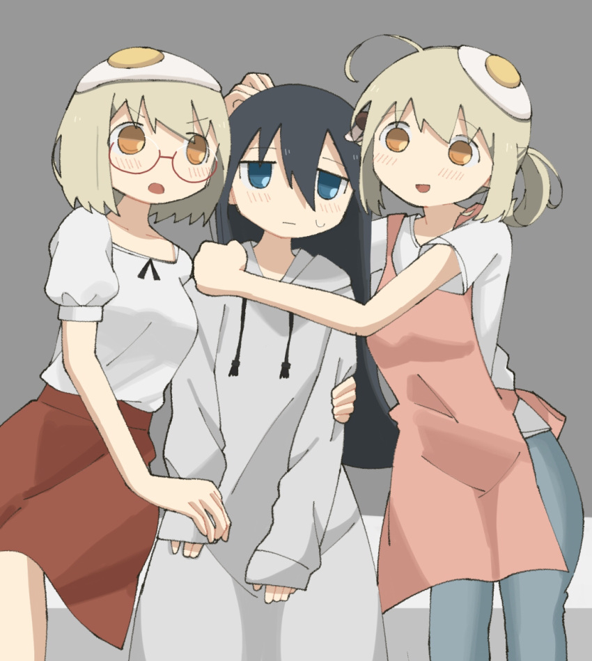 3girls annoyed apron bad_id bad_pixiv_id black_hair blonde_hair blouse blue_eyes blush closed_mouth commentary_request denim drawstring egg feet_out_of_frame food food_on_head girl_sandwich glasses grey_background grey_hoodie hair_between_eyes hand_on_another's_arm hand_on_another's_hand highres hood hood_down hoodie hug jeans long_hair long_sleeves looking_at_viewer mother_and_daughter multiple_girls mushroom no_pupils object_on_head open_mouth orange_eyes oversized_clothes pants pink_apron ponytail puffy_short_sleeves puffy_sleeves red_skirt sandwiched semi-rimless_eyewear shimeji_simulation shirt short_hair short_sleeves simple_background sitting skirt sleeves_past_wrists smile sweatdrop tsukishima_shijima under-rim_eyewear v-shaped_eyebrows white_shirt yamashita_majime yamashita_majime's_mother yoyohachi