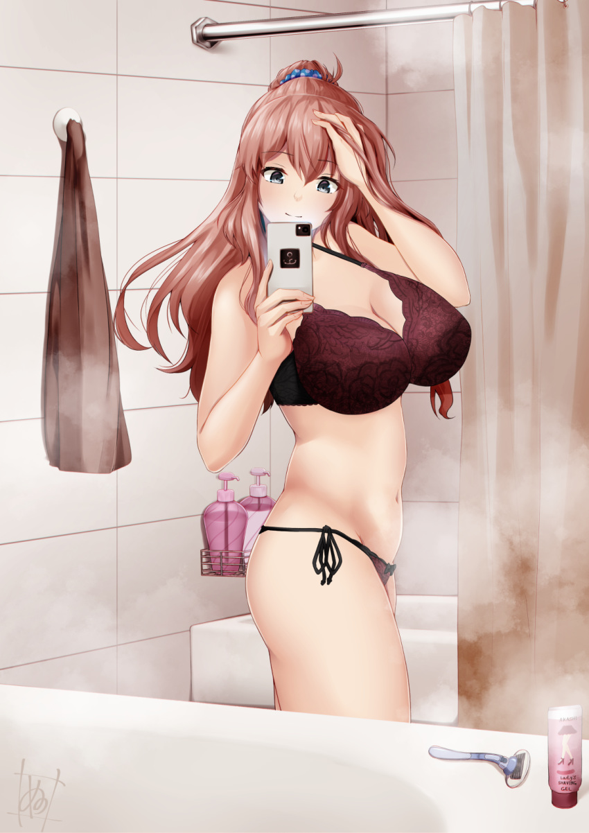 bathroom bra breasts brown_hair cellphone cleavage closed_mouth commentary_request female hair_ornament hair_scrunchie highres holding holding_phone huge_breasts indoors kantai_collection long_hair panties phone ponytail razor safety_razor saratoga_(kancolle) scrunchie selfie shower_curtain side-tie_panties smartphone solo steam tadokoro_nurikabe towel underwear