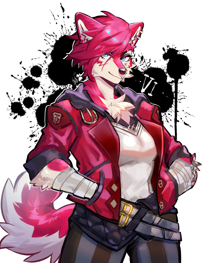 alternate_species anthro bandage blue_eyes bottomwear canid canine canis chest_tuft clothing ear_piercing facial_piercing female female_anthro furrification hair hand_in_pocket hi_res jacket kamikami kemono league_of_legends looking_at_viewer mammal nose_piercing pants piercing pink_body pink_hair pockets riot_games solo tencent topwear tuft vi_(lol) wolf