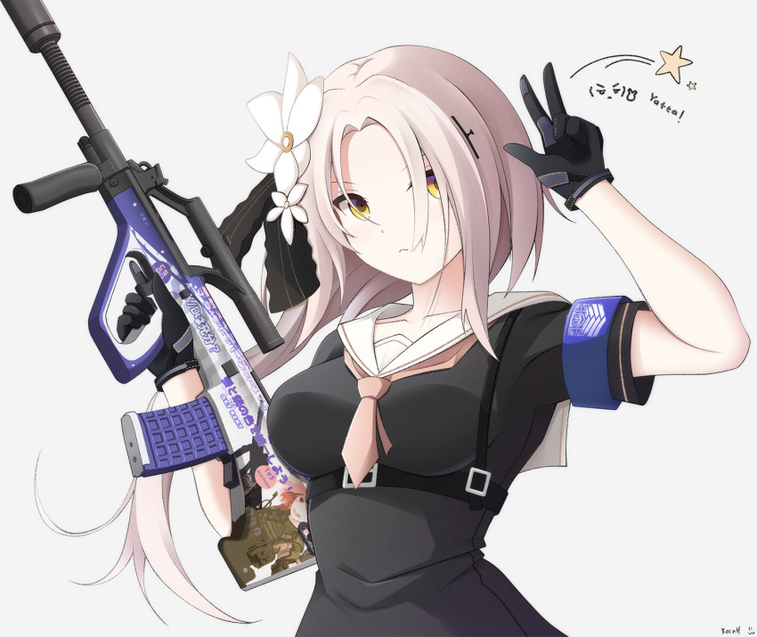 alternate_costume arm_up armband assault_rifle aug_(girls'_frontline) belt black_dress black_gloves breasts bullpup collarbone commentary counter-strike_(series) counter-strike_2 dress english_commentary female flower girls'_frontline gloves grey_background gun gun_decal hair_flower hair_ornament hair_ribbon highres holding holding_gun holding_weapon keenh long_hair looking_at_viewer necktie parted_bangs pink_hair ribbon rifle romaji_commentary romaji_text short_sleeves simple_background solo star_(symbol) steyr_aug upper_body v weapon yellow_eyes