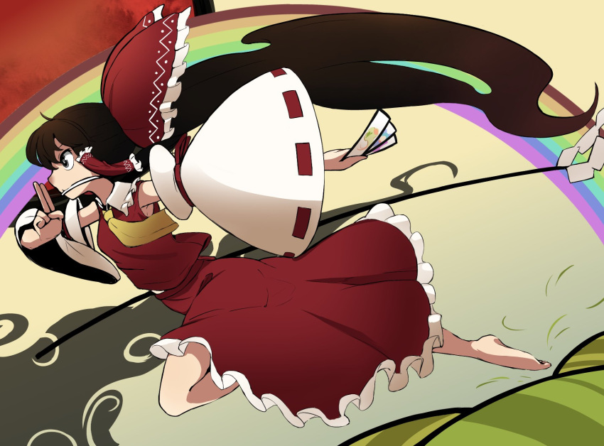 ability_card_(touhou) arm_behind_back armpits ascot bare_shoulders barefoot black_eyes bow brown_hair collared_shirt detached_sleeves epic_armageddon female frilled_bow frills gohei hair_tubes hairbow hakurei_reimu highres large_bow long_hair long_sleeves ponytail rainbow red_bow red_shirt red_skirt running shirt sidelocks skirt sleeveless smoke solo touhou unconnected_marketeers very_long_hair wide_sleeves yellow_ascot