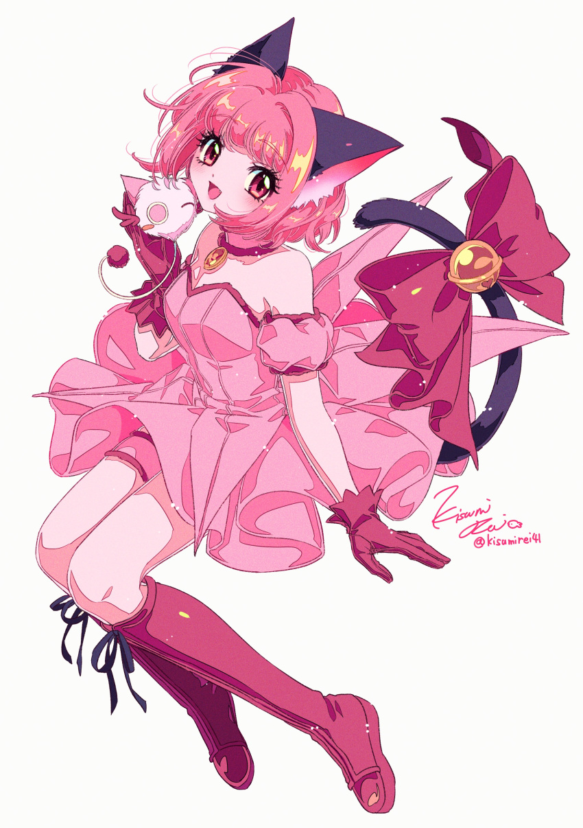 absurdres animal_ears artist_name bell blunt_bangs boots bow breasts cat_ears cat_girl cat_tail choker detached_sleeves dress female full_body gloves highres kisumi_rei knee_boots looking_at_viewer magical_girl masha_(tokyo_mew_mew) mew_ichigo momomiya_ichigo pink_bow pink_choker pink_dress pink_eyes pink_footwear pink_gloves pink_hair puffy_detached_sleeves puffy_dress puffy_sleeves short_hair sitting small_breasts smile solo tail tail_bell tail_bow tail_ornament tokyo_mew_mew wavy_hair white_background