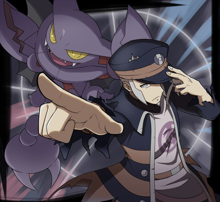 1boy arm_up belt belt_buckle black_coat black_headwear brown_belt buckle buttons coat commentary_request gliscor grey_eyes grey_hair hand_on_headwear hat high_collar highres ingo_(pokemon) jacket long_sideburns male_focus open_clothes open_coat peaked_cap pearl_clan_outfit pointing pokemon pokemon_(creature) pokemon_legends:_arceus purple_jacket saon101 short_hair sideburns torn_clothes torn_coat trench_coat