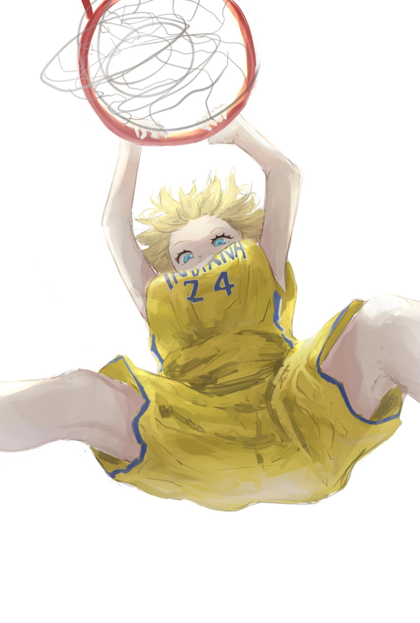 arms_up azura_(azuart0) basketball_hoop basketball_jersey basketball_uniform blonde_hair blue_eyes bob_cut breasts cosplay english_commentary female floating_hair from_below highres hololive hololive_english indiana_pacers jersey jumping large_breasts looking_at_viewer looking_down national_basketball_association paul_george paul_george_(cosplay) shirt short_hair shorts simple_background slam_dunk_(basketball) solo sportswear virtual_youtuber watson_amelia white_background yellow_shirt yellow_shorts