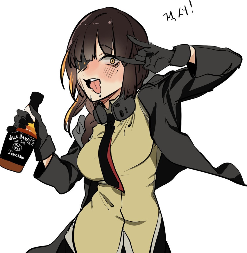 banssee black_gloves blush breasts commentary_request cowboy_shot drunk eyepatch female girls'_frontline gloves highres jack_daniel's korean_commentary korean_text looking_at_viewer m16a1_(girls'_frontline) tongue tongue_out white_background yellow_eyes