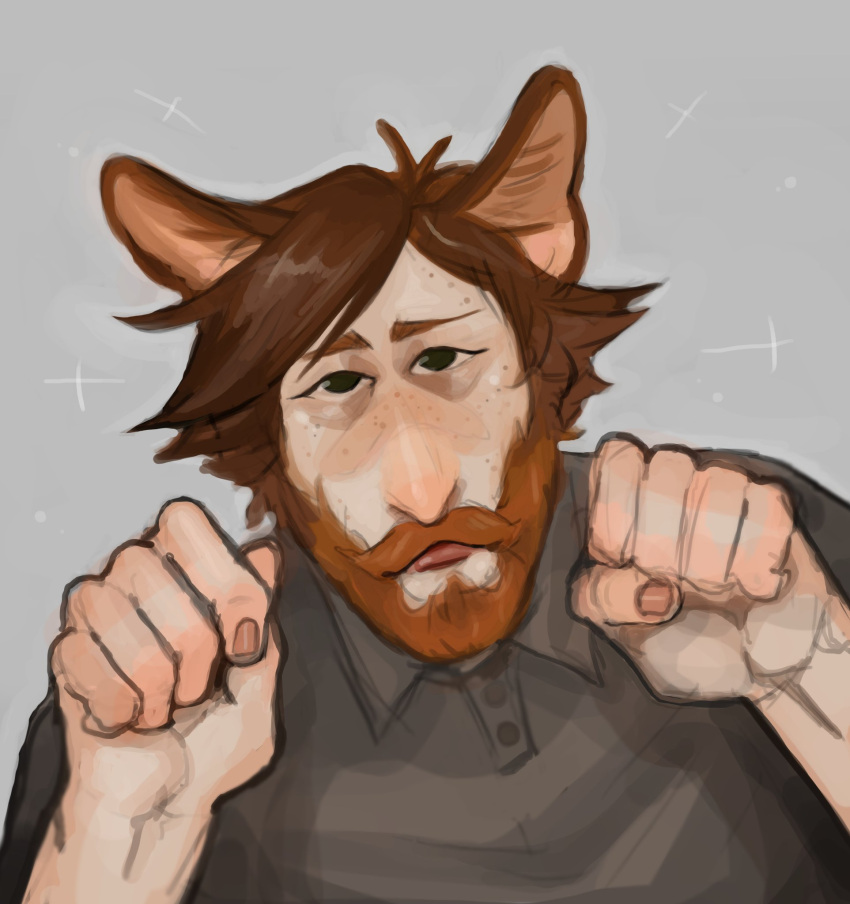 animal_humanoid beard brown_body brown_fur brown_hair cat_humanoid clothed clothing drawfee_(copyright) facial_hair felid felid_humanoid feline feline_humanoid fetlock_flowers fur hair hi_res humanoid male mammal mammal_humanoid moustache nathan_yaffe_(character) prick_ears shirt solo topwear