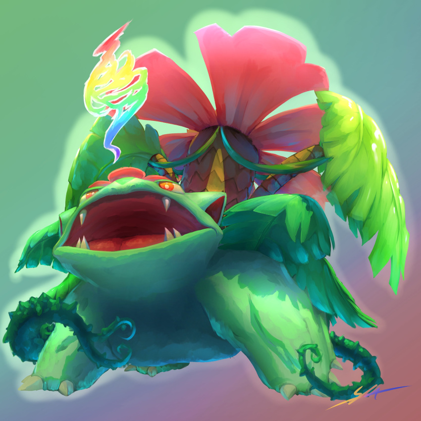 absurdres bright_pupils claws commentary fangs full_body highres likey mega_pokemon mega_venusaur no_humans open_mouth orange_eyes plant pokemon pokemon_(creature) solo tongue venusaur vines white_pupils