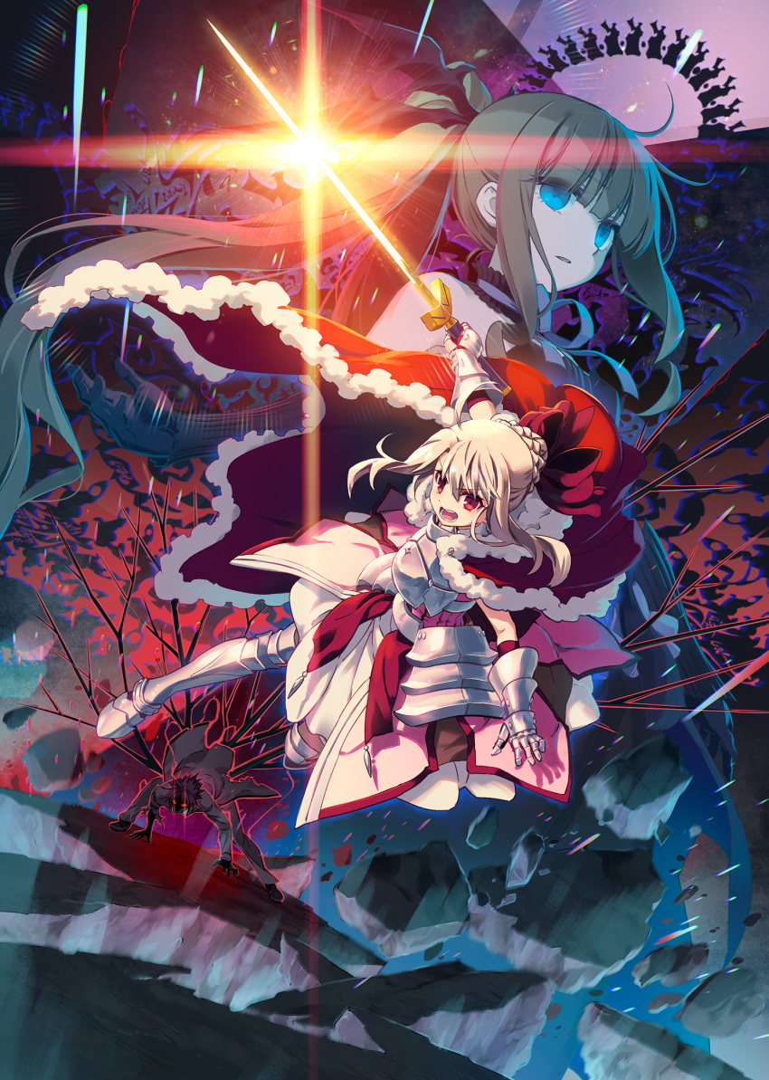 1boy 2girls artoria_pendragon_(fate) cosplay fate/kaleid_liner_prisma_illya fate_(series) fighting_stance glowing glowing_sword glowing_weapon highres hiroyama_hiroshi illyasviel_von_einzbern julian_ainsworth multiple_girls official_art pandora_(prisma_illya) projected_inset red_eyes saber_lily saber_lily_(cosplay) weapon white_hair