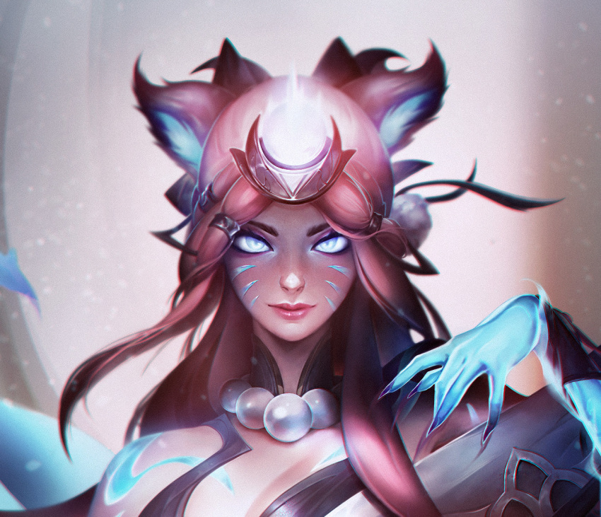 ahri_(league_of_legends) animal_ears blue_eyes breasts cleavage close-up closed_mouth english_commentary facial_mark female fingernails fox_ears fox_girl glowing glowing_eyes glowing_hand gradient_hair hair_ornament jewelry league_of_legends long_hair looking_at_viewer multicolored_hair necklace official_alternate_costume official_alternate_hairstyle pink_hair portrait sharp_fingernails shoulder_tattoo smile snow_moon_ahri solo tattoo whisker_markings zhouzx1026