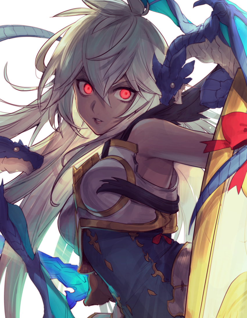 armor bare_shoulders blue_shirt breastplate dark-skinned_female dark_skin dragon female gloves glowing glowing_eyes granblue_fantasy hair_between_eyes highres red_eyes shield shirt simple_background solo sword tekki_(tki) weapon white_background white_hair zooey_(granblue_fantasy)