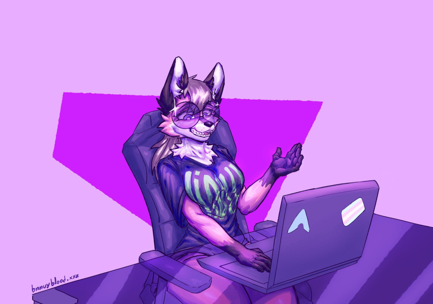 2022 abstract_background anthro arch_linux black_body black_fur blonde_hair blue_eyes bnuuyblood breasts canid canine cheek_tuft clothed clothing computer ear_tuft electronics eyewear facial_tuft female fox fur gaming_chair glass_table glasses gloves_(marking) hair hi_res laptop lgbt_pride linux mammal markings neck_tuft open_mouth pink_background pride_color_sticker pride_colors red_body red_fox red_fur sharp_teeth shirt signature simple_background sitting solo sparkles sticker t-shirt teeth text text_on_clothing topwear trans_(lore) trans_woman_(lore) transgender_pride_colors true_fox tuft xenia_(linux)