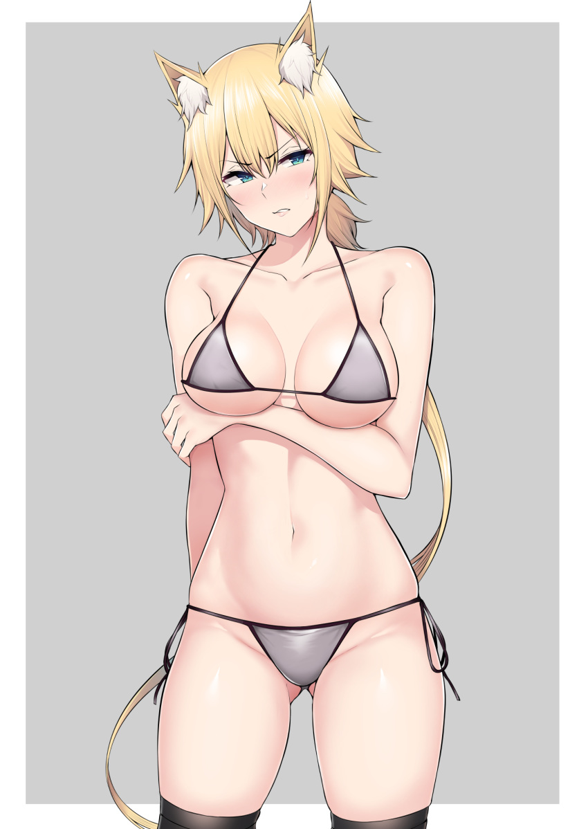 animal_ear_fluff animal_ears arm_behind_back arm_under_breasts ass_visible_through_thighs bare_arms bare_shoulders bikini black_thighhighs blonde_hair blue_eyes blush border breast_hold breasts breasts_apart cat_ears collarbone commentary_request cowboy_shot douyara_boku_no_hanayome_wa_onna_kishidan_na_you_de embarrassed female frown glaring grey_background grey_bikini groin hair_between_eyes halterneck highres large_breasts long_hair looking_at_viewer low_ponytail monika_lowaiz navel nori_gorou over-kneehighs parted_lips short_hair_with_long_locks side-tie_bikini_bottom simple_background skindentation solo standing stomach string_bikini swimsuit thighhighs thighs v-shaped_eyebrows very_long_hair white_border