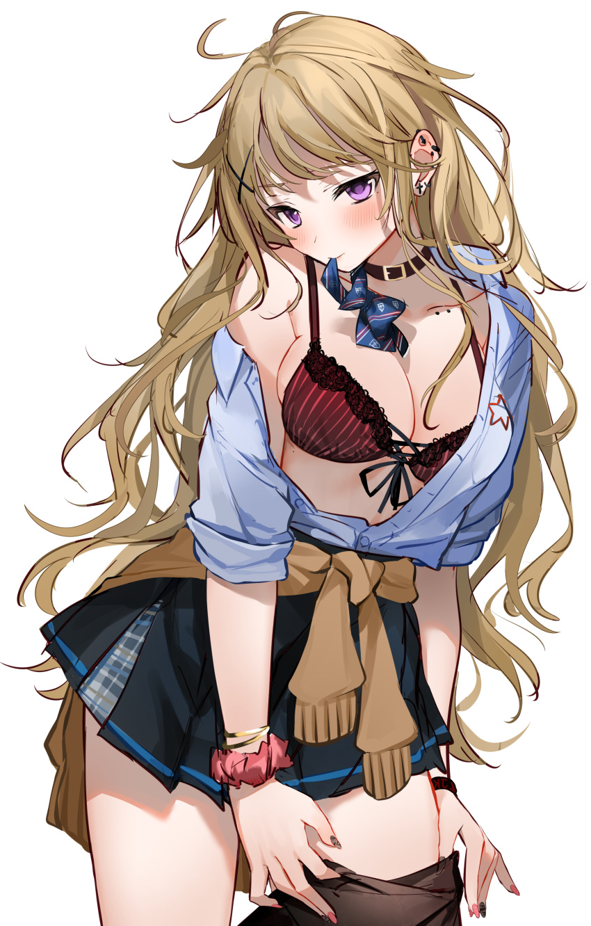 absurdres ahoge black_skirt blonde_hair blue_bow blue_shirt blush bow bowtie_removed bra bracelet breasts brown_legwear buckle cleavage closed_mouth clothes_around_waist collar ear_piercing female hair_ornament head_tilt highres jewelry leaning_forward long_hair looking_at_viewer medium_breasts miniskirt mouth_hold multicolored multicolored_nails nail_polish open_clothes open_shirt original piercing pleated_skirt purple_eyes red_bra revision school_uniform scrunchie shirt short_sleeves simple_background skirt smile solo striped unaligned_breasts underwear undressing vertical-striped_bra vertical_stripes very_long_hair white_background wrist_scrunchie x_hair_ornament xretakex