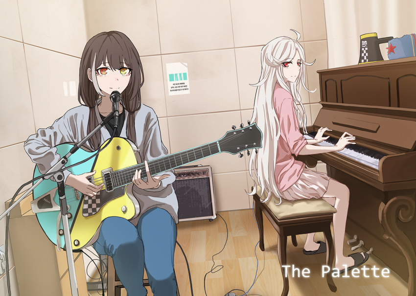 2girls ahoge black_hair commentary electric_guitar english_text girls'_frontline guitar heterochromia instrument long_hair makarov_(girls'_frontline) megaphone microphone microphone_stand mmm_(ji1945) multiple_girls music piano playing_instrument ro635_(girls'_frontline) sitting studio symbol-only_commentary upright_piano white_hair