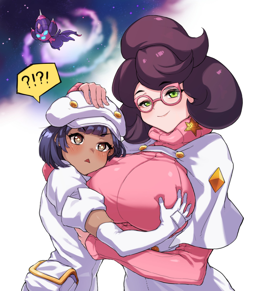 !? 2girls aether_foundation_employee aether_foundation_uniform alternate_breast_size bad_id bad_pixiv_id big_hair black_hair blush breasts brown_eyes cabbie_hat capelet cleanerjay commentary dark-skinned_female dark_skin galaxy glasses grabbing grabbing_another's_breast green_eyes hat headpat high-waist_skirt highres hug huge_breasts multiple_girls pencil_skirt pink-framed_eyewear poipole pokemon pokemon_(creature) pokemon_sm ribbed_sweater short_hair simple_background skirt smile smug space sparkling_eyes spoken_interrobang star_(sky) sweater triangle_mouth turtleneck turtleneck_sweater upper_body white_background white_capelet white_skirt wicke_(pokemon) yuri