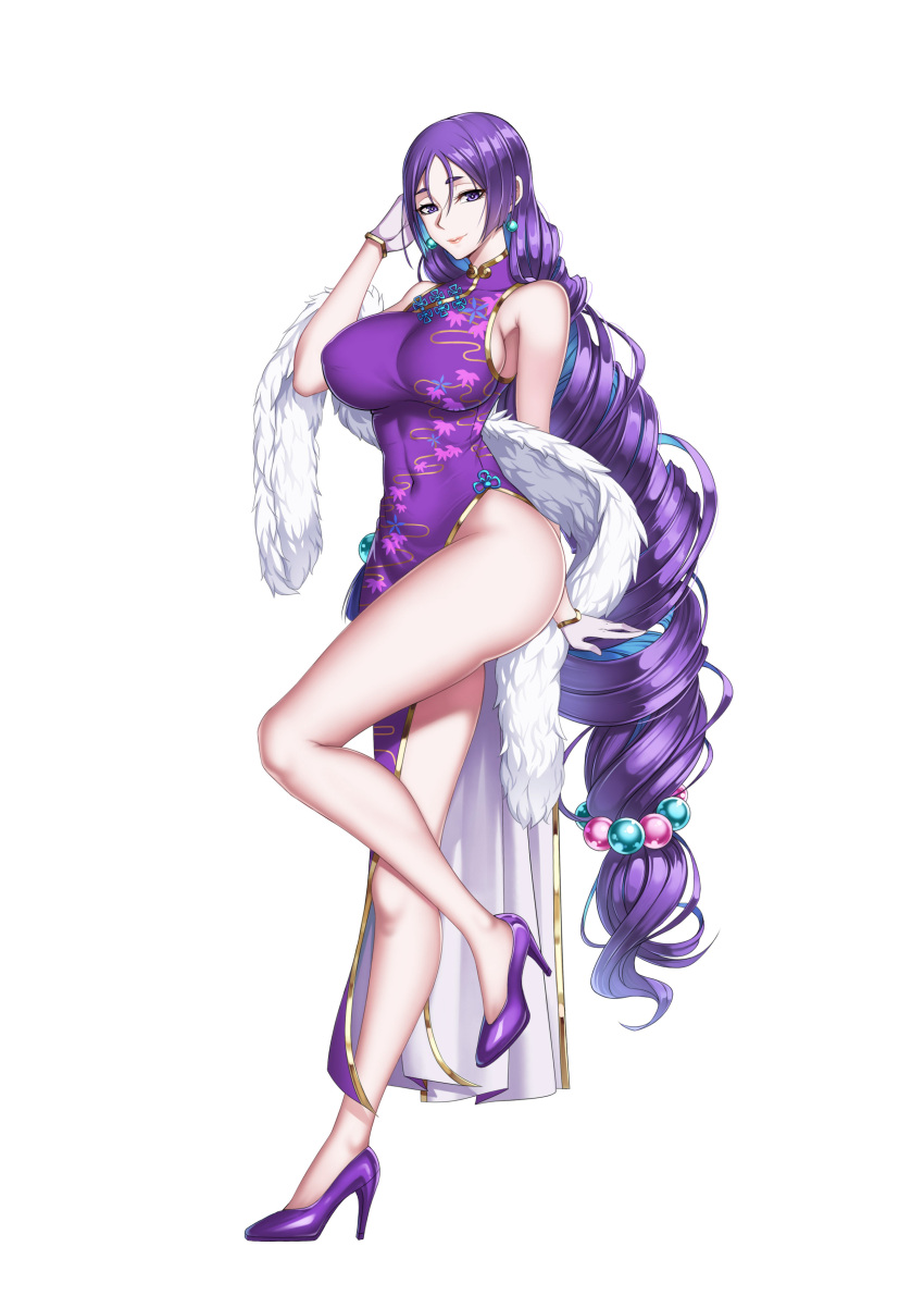 absurdres breasts china_dress chinese_clothes dress earrings fate/grand_order fate_(series) feather_boa female full_body high_heels highres jewelry large_breasts long_hair low-tied_long_hair minamoto_no_raikou_(fate) minamoto_no_raikou_(traveling_outfit)_(fate) parted_bangs purple_dress purple_eyes purple_footwear purple_hair simple_background sleeveless sleeveless_dress smile solo standing very_long_hair white_background xiao_gen