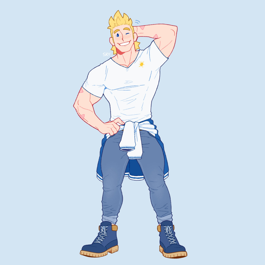 1boy absurdres alternate_costume arm_behind_head bara blonde_hair blue_pants boku_no_hero_academia casual clothes_around_waist denim feraltintinsimp full_body hand_on_own_hip highres jacket jacket_around_waist jeans male_focus muscular muscular_male navel one_eye_closed pants pants_rolled_up pectorals scar scar_on_arm shirt shoes short_hair solo thighs togata_mirio white_shirt