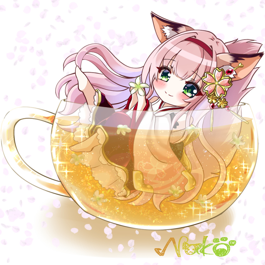 animal_ear_fluff animal_ears artist_name azur_lane blush cherry_blossoms chibi closed_mouth commentary_request cup female flower fox_ears fox_girl fox_tail full_body green_eyes hair_flower hair_ornament hairband hakama hakama_skirt hanazuki_(azur_lane) in_container in_cup japanese_clothes jasmine_(flower) kimono long_hair mini_person minigirl nako_nya pink_hair pink_kimono sidelocks signature skirt smile solo tail tea teacup