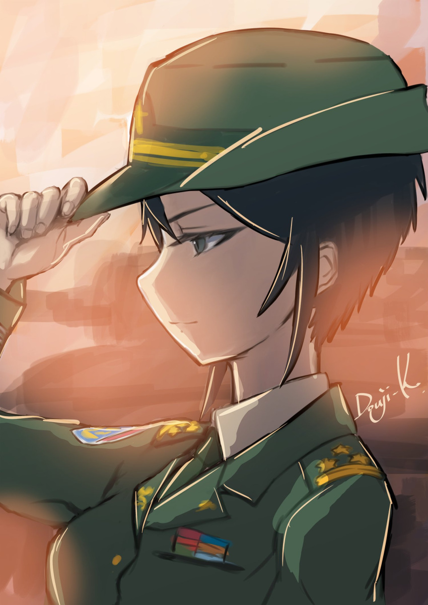 adjusting_clothes adjusting_headwear artist_name black_eyes black_hair black_necktie chouno_ami closed_mouth commentary dress_shirt female female_service_cap girls_und_panzer green_hat green_jacket green_shirt half-closed_eyes hat highres jacket japan_ground_self-defense_force japan_self-defense_force kuroneko_douji light_smile long_sleeves military military_hat military_uniform necktie shirt short_hair signature solo uniform upper_body wing_collar