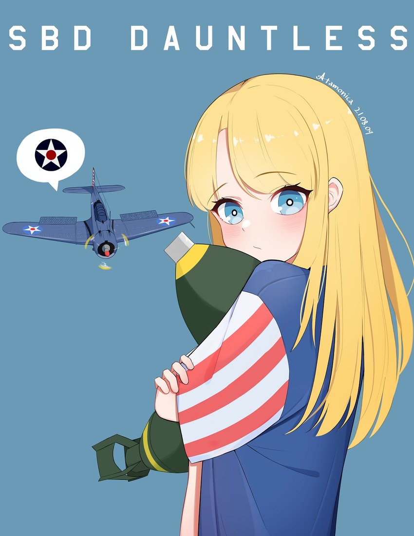 :/ aircraft airplane artist_name atamonica blonde_hair blue_eyes bomb character_name commentary explosive female highres jacket long_hair looking_at_viewer original propeller sbd_dauntless solo