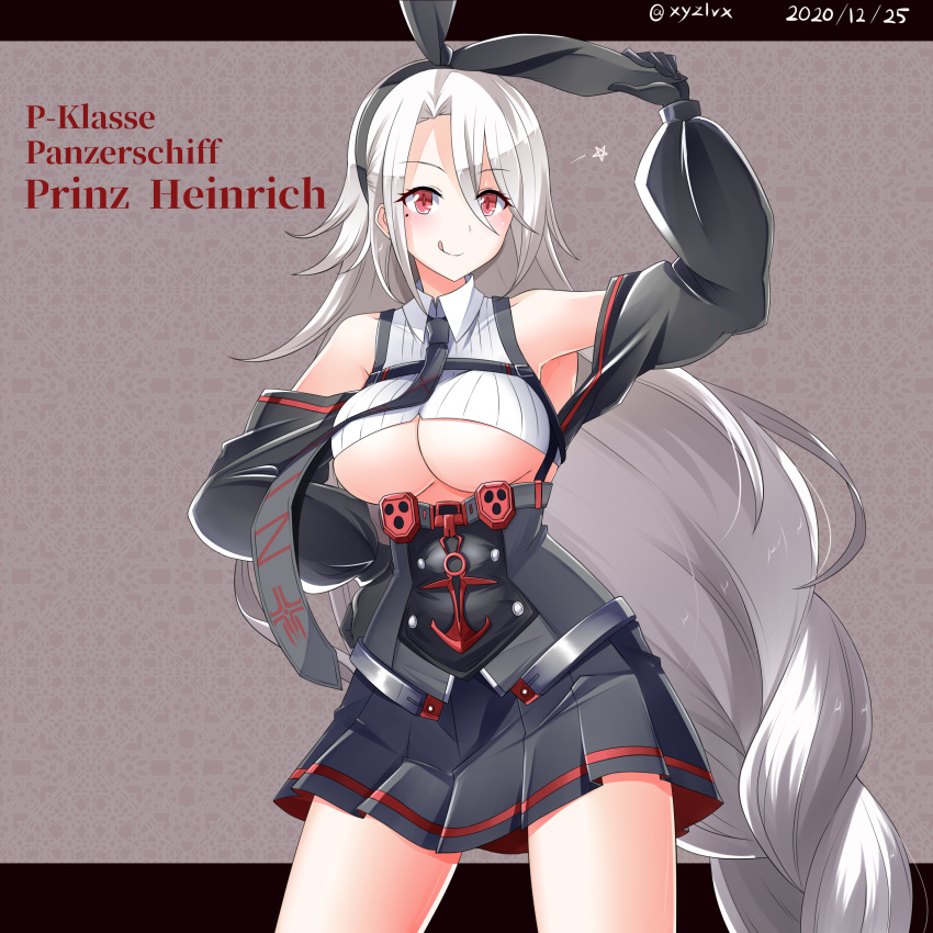 2020 :q absurdres anchor_symbol animal_ears azur_lane bare_shoulders black_gloves black_hairband black_skirt braid breasts character_name fake_animal_ears female gloves hair_between_eyes hairband hand_up hebitsukai-san highres iron_blood_(emblem) large_breasts long_hair miniskirt off_shoulder pleated_skirt prinz_heinrich_(azur_lane) rabbit_ears red_eyes single_braid skirt solo tongue tongue_out underboob very_long_hair white_hair