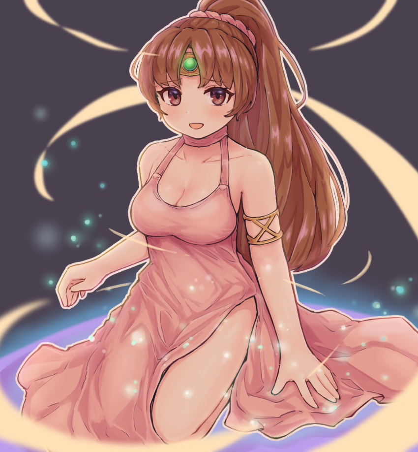 armlet blush breasts brown_eyes brown_hair circlet collarbone dress female fire_emblem fire_emblem:_mystery_of_the_emblem fire_emblem:_shadow_dragon_and_the_blade_of_light high_ponytail highres kneeling kutabireta_neko legs linde_(fire_emblem) long_hair medium_breasts pink_dress ponytail side_slit