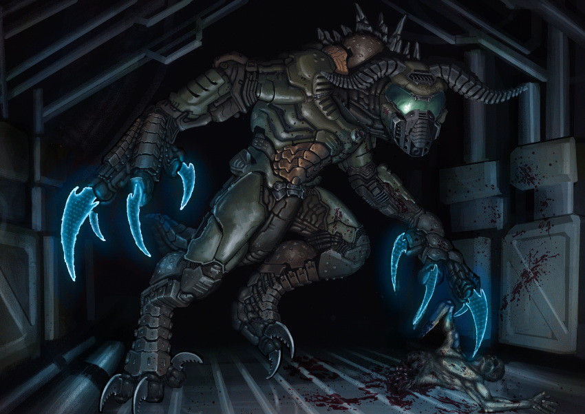 absurd_res action_pose ambiguous_gender armor blood blood_on_arm blood_on_armor blood_on_face blood_on_floor blood_on_hand blood_on_leg blood_on_wall blood_splatter bodily_fluids claws corpse crossover death deathclaw dismemberment doom_(series) doomclaw duo fallout feral garra_mortal_(halofanjak) glowing glowing_claws guts headgear helmet hi_res horn human id_software inside intestines jj_rabbid lying male mammal microsoft mutilation organs pose scalie standing toe_claws