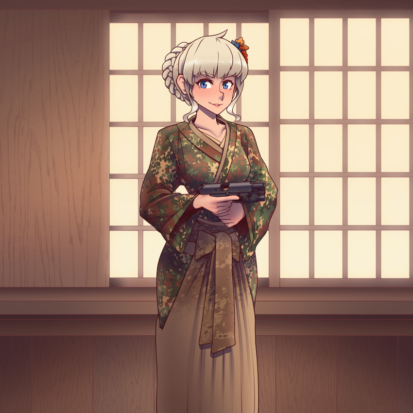 absurdres antenna_hair blonde_hair blue_eyes camouflage closed_mouth female gun hair_between_eyes hair_ornament handgun highres holding holding_gun holding_weapon indoors japanese_clothes kimono lebedev_pistol lipstick long_sleeves looking_at_viewer makeup original solo weapon willy_pete