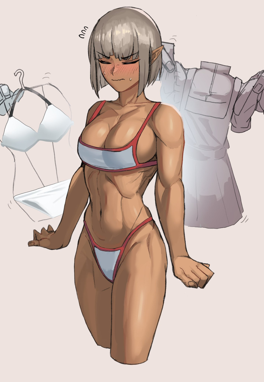 blunt_bangs blush character_request copyright_request cropped_legs dark_elf elf embarrassed female grey_hair highres light_blush muscular muscular_female navel pointy_ears solo soolee040995 tomboy