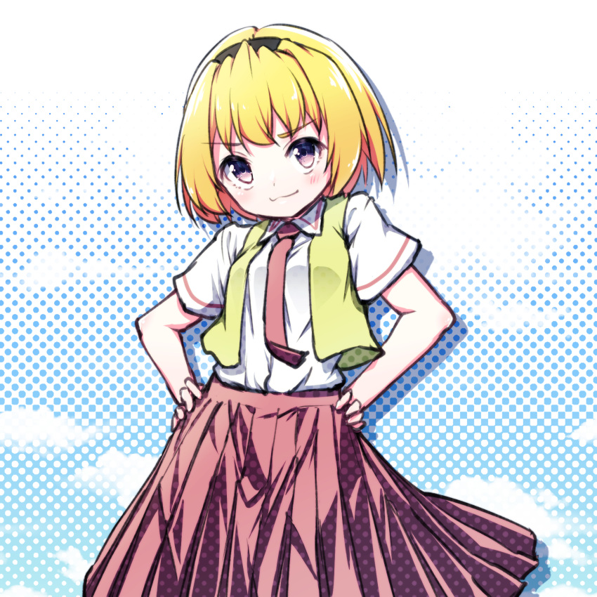 :3 black_hairband blonde_hair blue_background blush breasts closed_mouth cloud collared_shirt commentary_request cosplay female hairband halftone halftone_background hands_on_own_hips hazumi_otoya highres higurashi_no_naku_koro_ni houjou_satoko looking_at_viewer medium_hair necktie open_clothes open_vest pleated_skirt purple_eyes red_necktie red_shirt red_skirt shirt shirt_tucked_in short_sleeves skirt small_breasts smile solo sonozaki_mion sonozaki_mion_(cosplay) standing v-shaped_eyebrows vest white_background white_shirt wing_collar yellow_vest