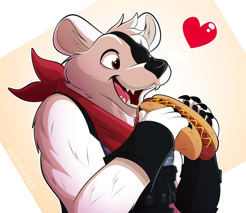 2022 anthro bear black_nose brown_eyes claws clothed clothing digital_media_(artwork) eating eating_food epic_games eye_patch eyewear finger_claws food fortnite fully_clothed fur glistening glistening_eyes heart_symbol hi_res holding_food holding_hot_dog holding_object hot_dog ketchup leo-wolf male mammal mustard open_mouth open_smile polar_bear polar_patroller sharp_teeth smile solo teeth tongue topwear ursine vest white_body white_fur