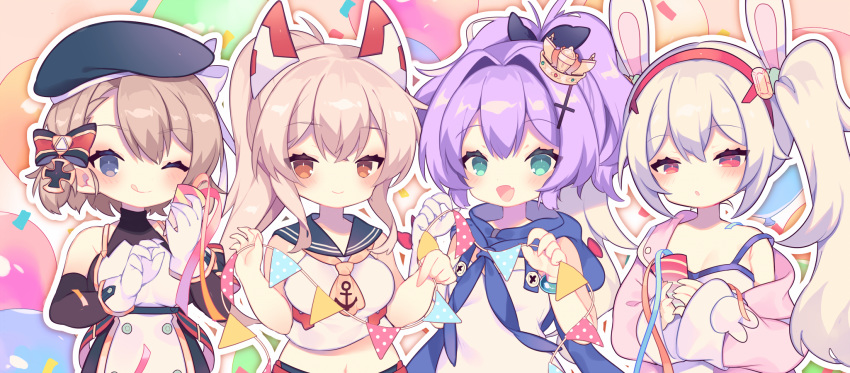 4girls :d :o ;q anchor_print animal_ears animal_hood ayanami_(azur_lane) azur_lane balloon bare_shoulders bear_hood beret black_ribbon blue_eyes blue_sailor_collar blush bodysuit bodysuit_under_clothes bow bracelet breasts buttons camisole commentary_request confetti crop_top cross cross_hair_ornament crown detached_hood elbow_gloves fake_animal_ears fur-trimmed_jacket fur_trim gloves green_eyes hair_between_eyes hair_intakes hair_ornament hair_ribbon hairband hairbow hat headgear high_ponytail highres holding holding_string hood iron_cross jacket javelin_(azur_lane) jewelry laffey_(azur_lane) light_brown_hair long_hair long_sleeves looking_at_viewer medium_breasts midriff mini_crown multiple_girls navel neckerchief oerba_yun_fang off_shoulder one_eye_closed open_clothes open_jacket open_mouth orange_eyes outline party_popper peroppafu pink_background pink_jacket platinum_blonde_hair ponytail purple_hair rabbit_ears red_eyes red_hairband ribbon sailor_collar shirt short_hair sidelocks single_glove skin_fang sleeveless sleeveless_shirt smile strap_slip string string_of_flags striped striped_bow tilted_headwear tongue tongue_out twintails upper_body very_long_hair white_camisole white_gloves white_hair white_shirt yellow_neckerchief z23_(azur_lane)