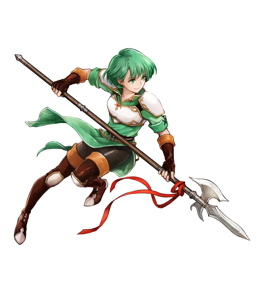 armor belt boots breastplate closed_mouth dress elbow_gloves female fingerless_gloves fire_emblem fire_emblem:_thracia_776 fire_emblem_heroes full_body gloves gold_trim green_dress green_eyes green_hair halberd highres holding holding_weapon karin_(fire_emblem) knee_pads looking_away non-web_source official_art pantyhose polearm shiny_clothes short_dress short_hair short_sleeves shoulder_armor smile solo thigh_boots thighhighs transparent_background uroko_(mnr) weapon white_armor