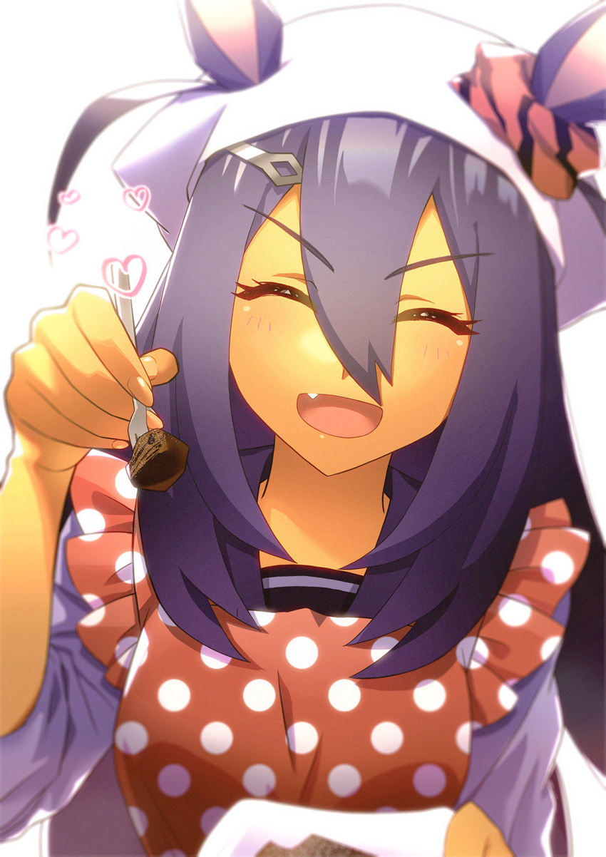 animal_ears apron bad_id bad_pixiv_id blurry circulatormai closed_eyes commentary_request dark-skinned_female dark_skin depth_of_field ears_through_headwear facing_viewer feeding female fork hair_between_eyes hair_ornament hairclip head_scarf heart highres hishi_amazon_(umamusume) holding holding_fork horse_ears incoming_food long_hair long_sleeves oerba_yun_fang open_mouth partial_commentary polka_dot polka_dot_apron purple_hair purple_shirt shirt smile solo umamusume unmoving_pattern upper_body v-shaped_eyebrows valentine