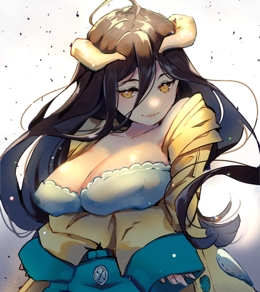 ahoge albedo_(overlord) arms_under_breasts breasts cleavage covered_nipples crossed_arms demon_girl demon_horns dress female fingernails hair_between_eyes highres horns large_breasts lips long_hair messy_hair nachoz_(nachozart) off-shoulder_dress off_shoulder overlord_(maruyama) sleeves_past_wrists smile solo white_horns yellow_eyes