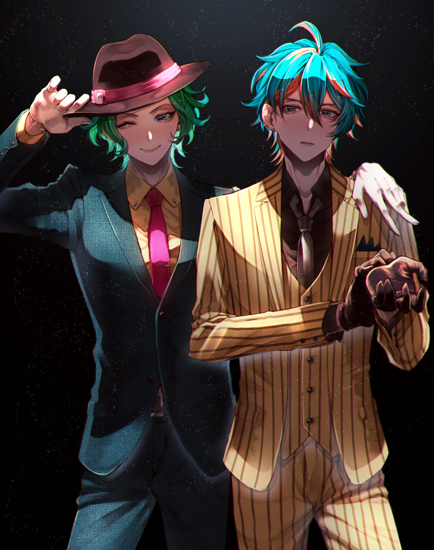 2boys absurdres adjusting_clothes adjusting_headwear ahoge blue_hair brothers collared_shirt cowboy_shot fedora formal from_argonavis gloves green_hair hand_on_another's_shoulder hat highres kokollet male_focus md5_mismatch multicolored_hair multiple_boys necktie nijou_haruka nijou_kanata one_eye_closed orange_hair pink_necktie pinstripe_pattern pinstripe_suit shirt siblings striped striped_suit suit twins