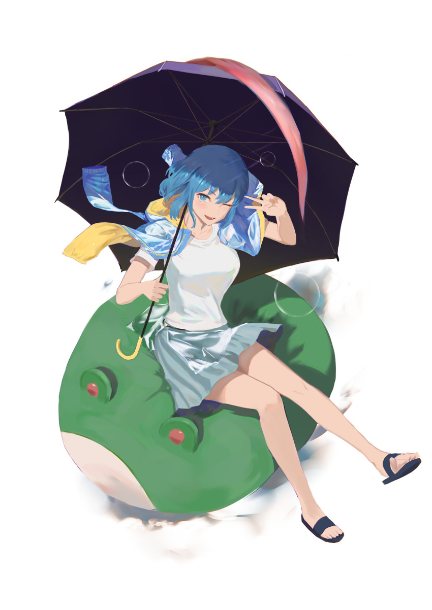 :d absurdres adapted_costume black_footwear blue_eyes blue_hair blue_skirt feet female frog full_body highres holding holding_umbrella karakasa_obake looking_at_viewer one_eye_closed open_mouth purple_umbrella sandals shirt shoe_dangle short_hair short_sleeves simple_background sitting skirt smile solo tatara_kogasa teasmacker toes touhou umbrella v white_background white_shirt