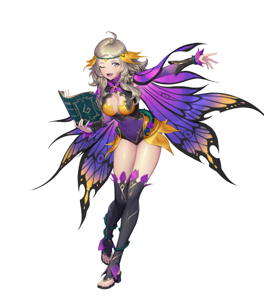 ahoge alternate_costume blonde_hair blush book boots breasts brown_eyes cape cleavage covered_navel detached_sleeves female fire_emblem fire_emblem_fates fire_emblem_heroes flower full_body gesoking gradient_clothes hair_ornament hand_up highres holding holding_book leaning_forward leotard long_hair looking_away medium_breasts non-web_source official_art one_eye_closed open_book open_mouth ophelia_(fire_emblem) ophelia_(resplendent)_(fire_emblem) shiny_clothes shiny_skin smile solo thigh_boots thighhighs thighs thorns toeless_footwear toes transparent_background wing_cape wings