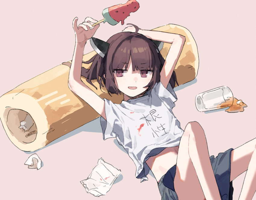 ahoge alternate_costume arm_up black_skirt brown_eyes brown_hair casual commentary_request cup drinking_glass feet_out_of_frame female food food_wrapper headgear highres hitogome holding holding_food holding_ice_cream ice_cream jitome kiritanpo_(food) knees_up looking_at_viewer lying melting midriff_peek on_back open_mouth oversized_food oversized_object pinky_out popsicle popsicle_stick print_shirt shirt short_twintails skirt smile solo spill stained_clothes touhoku_kiritan twintails v-shaped_eyebrows voiceroid watermelon_bar