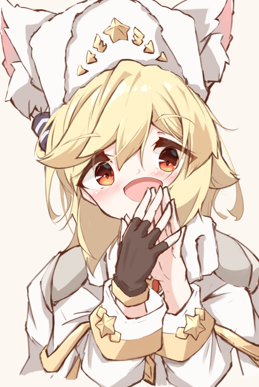 :d animal_ear_fluff animal_ears animal_hands bad_id bad_pixiv_id black_gloves blonde_hair blush brown_background cape commentary_request fake_animal_ears female fingerless_gloves fur_hat girls'_frontline gloves hair_between_eyes hands_up hat highres long_sleeves looking_at_viewer matsuo_(matuonoie) nagant_revolver_(girls'_frontline) nagant_revolver_(mod3)_(girls'_frontline) open_mouth red_eyes shirt simple_background single_glove smile solo steepled_fingers white_cape white_hat white_shirt