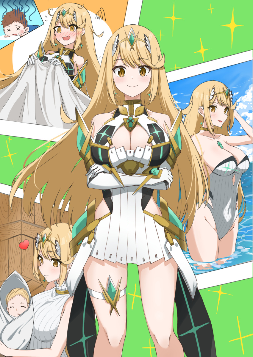 1boy 2girls aotsuba baby bare_legs blonde_hair blush breasts casual_one-piece_swimsuit chest_jewel commission dress earrings elbow_gloves embarrassed gloves headpiece highres jewelry large_breasts long_hair microdress mother_and_daughter multiple_girls mythra_(radiant_beach)_(xenoblade) mythra_(xenoblade) one-piece_swimsuit rex_(xenoblade) ribbed_swimsuit skeb_commission strapless strapless_one-piece_swimsuit striped_clothes striped_one-piece_swimsuit swept_bangs swimsuit tiara vertical-striped_clothes vertical-striped_one-piece_swimsuit xenoblade_chronicles_(series) xenoblade_chronicles_2 xenoblade_chronicles_3 xenoblade_chronicles_3:_future_redeemed yellow_eyes