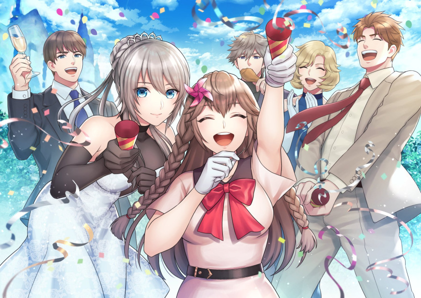 3boys 3girls braid character_request chase_(king's_raid) clause_(king's_raid) closed_eyes closed_mouth commentary_request confetti demia_(king's_raid) estelle_(king's_raid) formal hair_between_eyes highres king's_raid loman_(king's_raid) long_hair multiple_boys multiple_girls necktie nuzuki_(mamewo) open_mouth party_popper scarlet_(king's_raid) short_hair smile