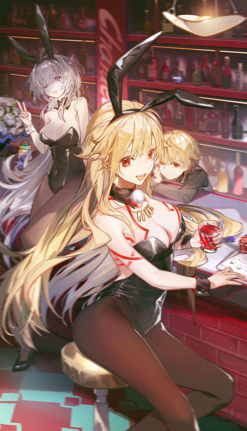 1boy 2girls absurdres ahoge black_leotard blonde_hair breasts child_gilgamesh_(fate) cup detached_collar fate/grand_order fate_(series) genderswap_(mtf) gilgamesh_(fate) hands_on_hilt highres holding holding_cup jewelry k7_(kk7_000) large_breasts leotard long_hair long_sleeves looking_at_viewer merlin_(fate/prototype) multiple_girls necklace open_mouth playboy_bunny red_eyes rule_63 short_hair smile strapless strapless_leotard teeth upper_teeth_only wine_rack wrist_cuffs