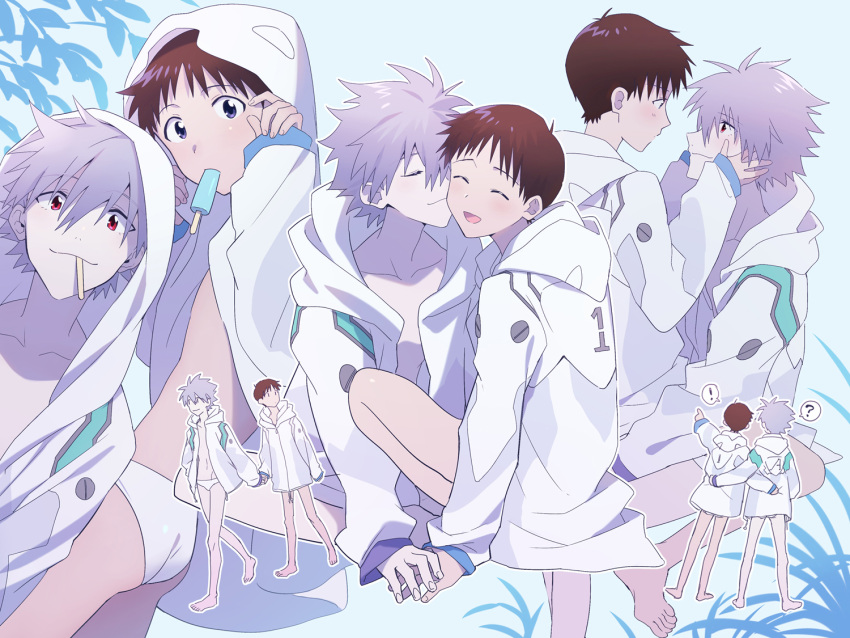 ! 11kkr 2boys ? blue_eyes blush brown_hair closed_eyes closed_mouth food hand_on_another's_back hand_on_another's_cheek hand_on_another's_face holding holding_hands hood hood_up hoodie ice_cream ikari_shinji looking_at_another looking_at_viewer looking_to_the_side male_focus multiple_boys multiple_persona multiple_views nagisa_kaworu neon_genesis_evangelion open_mouth pointing pointing_up shirt simple_background smile standing walking white_shirt yaoi