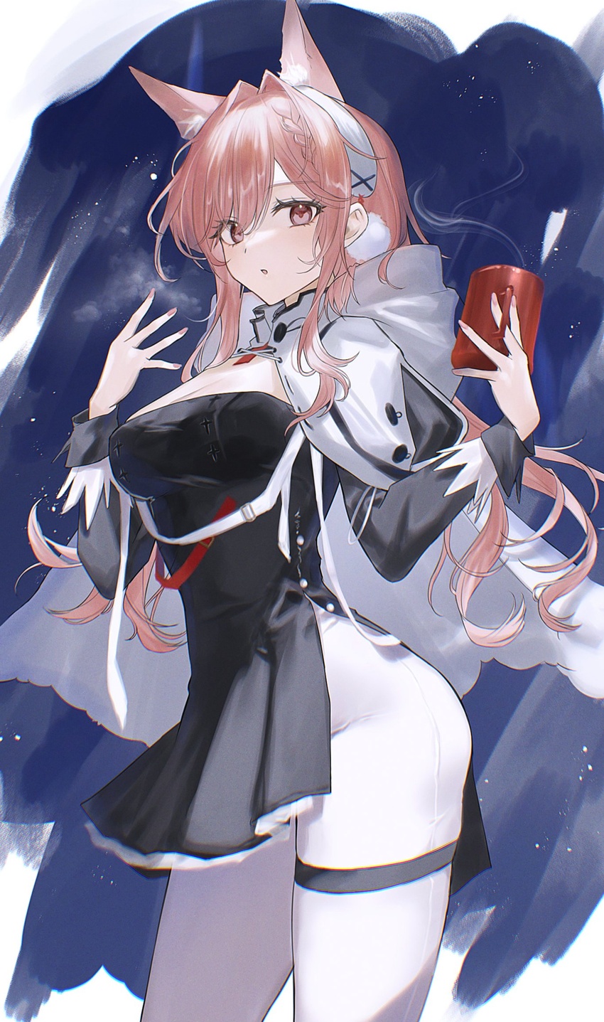 2naom8q6gt87292 animal_ears arknights black_dress breasts commentary_request cowboy_shot cup dress female hair_intakes hands_up highres holding holding_cup large_breasts leggings long_hair long_sleeves looking_at_viewer official_alternate_costume pants parted_lips pink_eyes pink_hair pozyomka_(arknights) pozyomka_(snowy_plains_in_words)_(arknights) solo standing thighs white_pants wolf_ears