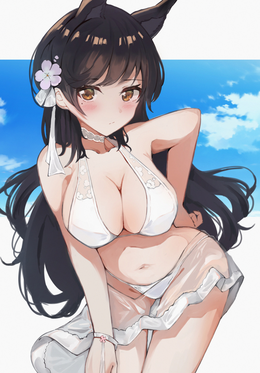 absurdres animal_ears atago_(azur_lane) atago_(summer_march)_(azur_lane) azur_lane bikini black_hair blue_sky breasts choker cleavage cloud commentary cowboy_shot day extra_ears female flower hair_flower hair_ornament highres large_breasts leaning_forward long_hair looking_at_viewer misonikomi mole mole_under_eye official_alternate_costume photoshop_(medium) ribbon sarong sky solo swept_bangs swimsuit white_bikini white_choker white_ribbon white_sarong