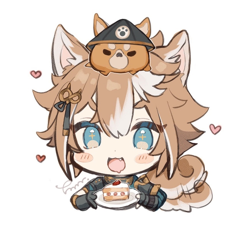 +_+ 1boy :3 animal_ears animal_on_head blue_eyes brown_hair cake canine cropped_torso dog_boy dog_ears dog_on_head dog_tail drooling food genshin_impact gorou_(genshin_impact) hair_between_eyes hair_ornament heart highres holding holding_plate japanese_clothes male_focus mouth_drool multicolored_hair oerba_yun_fang on_head paw_print plate protected_link signature simple_background tail tail_wagging tamamura_(tmmr5) white_background white_hair