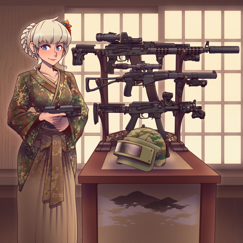 absurdres ak-74 ak-74m altyn_helmet antenna_hair as_val assault_rifle blonde_hair blue_eyes braid camouflage closed_mouth female gun hair_between_eyes hair_ornament handgun hat helmet highres holding holding_gun holding_weapon indoors japanese_clothes kalashnikov_rifle kimono lebedev_pistol lipstick long_sleeves makeup military_hat original plk_(pistol) pp-19-01_vityaz rifle smile solo submachine_gun table weapon willy_pete